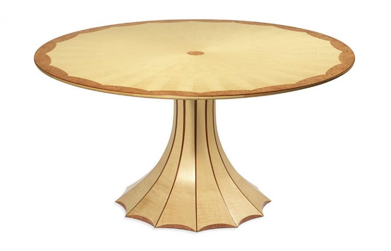 Circular table in ripple Maple veneer with burr Maple edge detail and Mahogany stringing